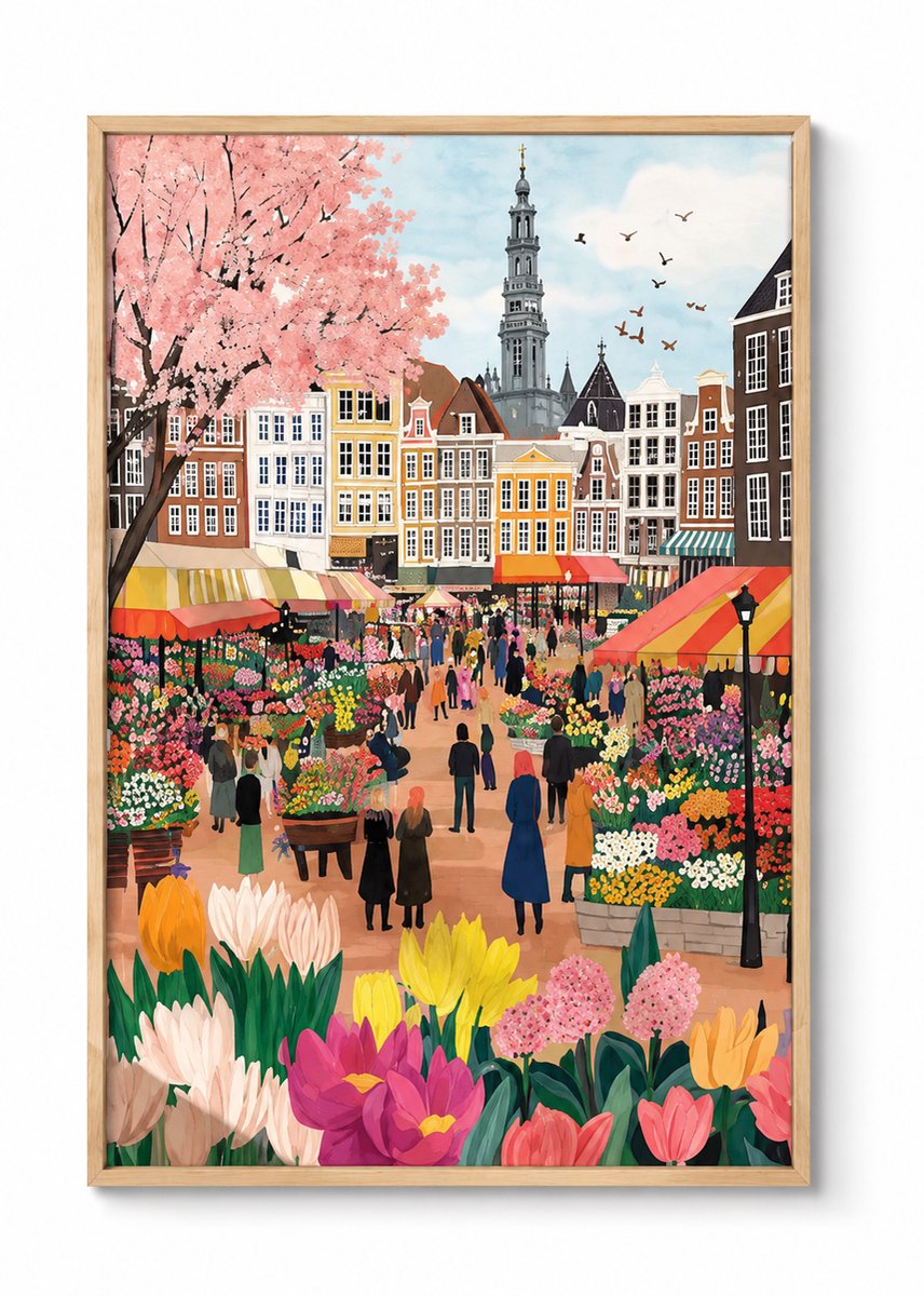 CINK Living® Amsterdam Bloemenmarkt Canvas Schilderij 50x70 cm – Kleurrijke Amsterdam Poster – Nederlandse Stad Kunst – Watercolor Wanddecoratie voor Woonkamer & Slaapkamer