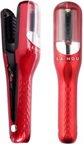 Zijaanzicht van een rode haar trimmer en de voorkant van de trimmer.