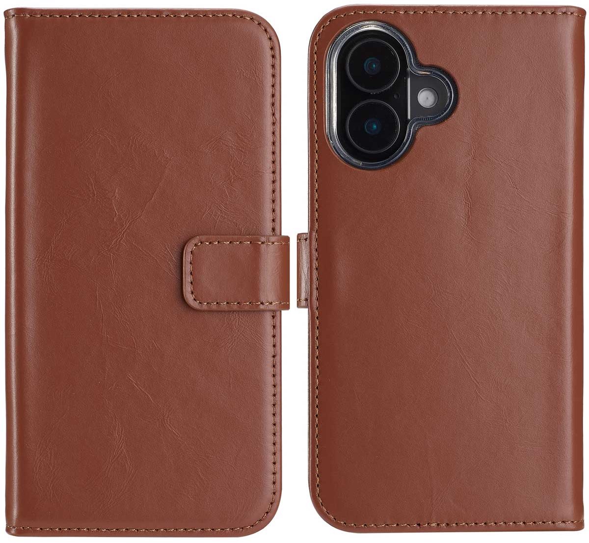 Selencia Hoesje - Geschikt voor Apple iPhone 16 - Echt Lederen Bookcase - Lichtbruin