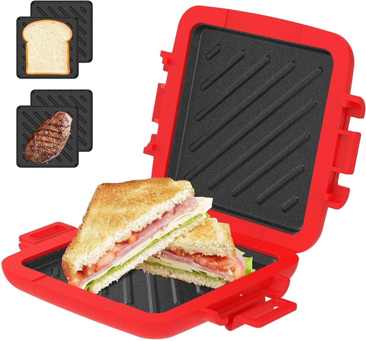 Magnetron Sandwichmaker - Broodrooster - Snel Ontbijt - Vaatwasmachinebestendig - 18 x 16 cm - Rood