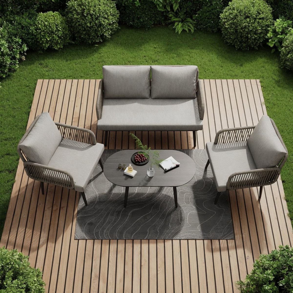 Balkonmeubel Set 4-Zits Grijs - 2 Stoelen + Bank + Salontafel - Weerbestendig Stalen Frame - Houtnerf Glas Tafelblad - Terugstootkussens - Voor Tuin, Terras & Familiebijeenkomsten - IndustroHome