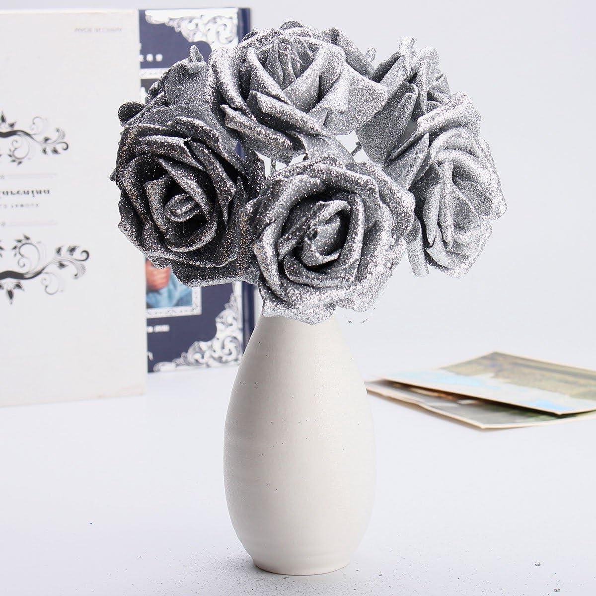 Kunstboeket 7 stuks - Kunstbloemen decoratie - Bruiloft decoreren - Pailletten schuim - 20 x 7 cm - Zilver