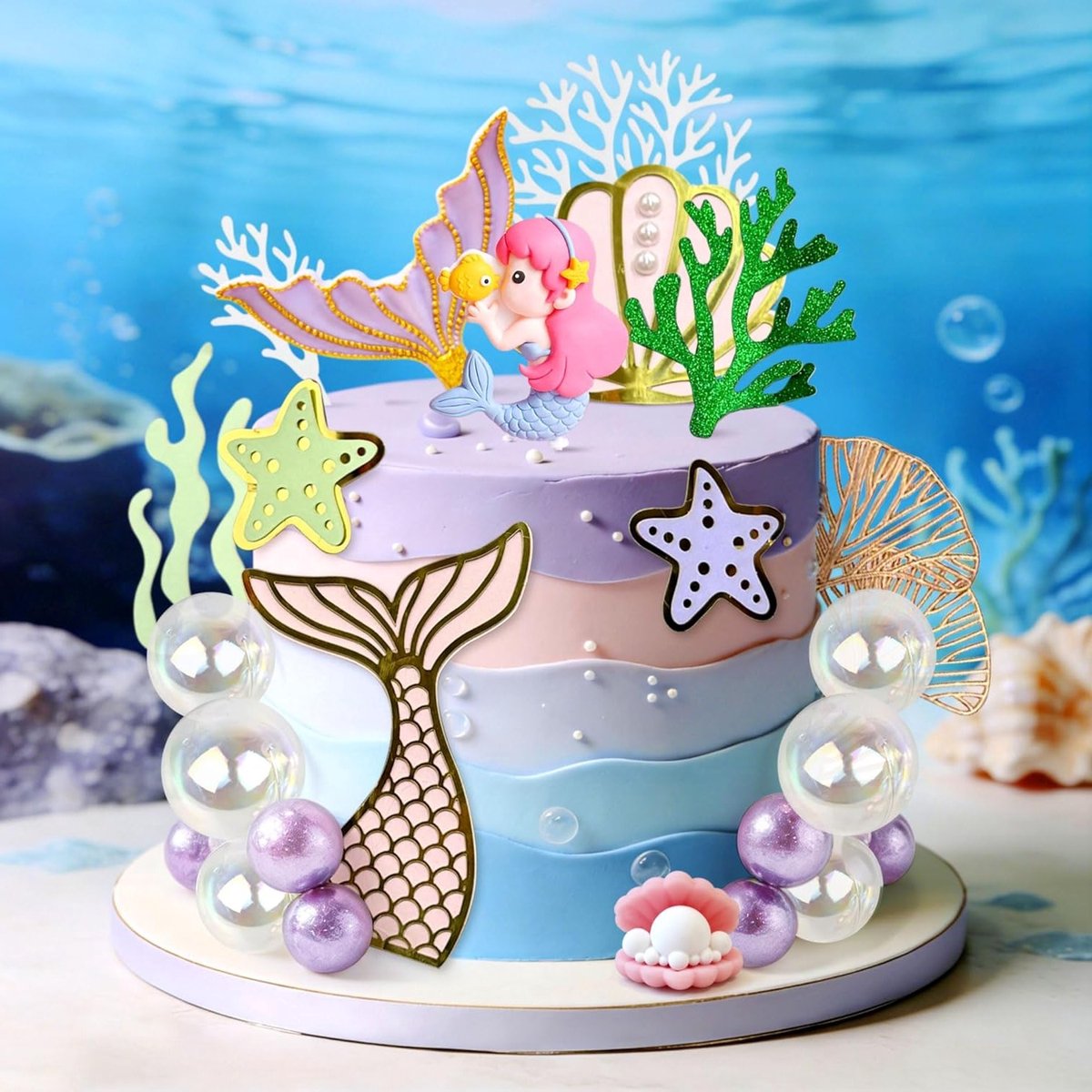 Mermaidstaart decoratie met onderwater thema, schelp cake topper en feestartikelen voor oceaanfeestjes