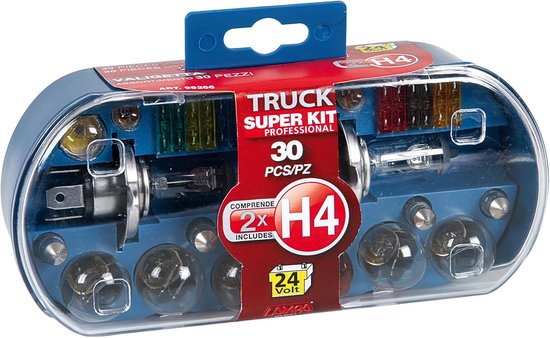 Blauwe "Truck Super Kit" koffer met lampen en zekeringen, "24 Volt" vermeld.