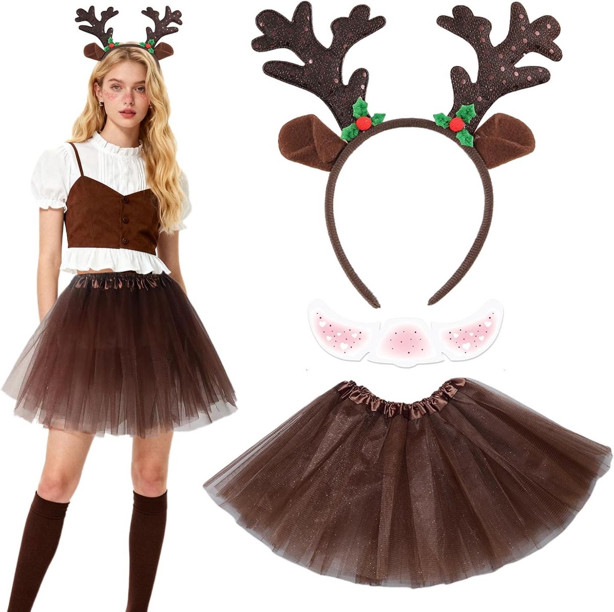 3-delige Kostuum met Hert Antlers, Oren en Tutu Rok voor Dames - Perfect voor Carnaval, Halloween en Cosplay Feesten
