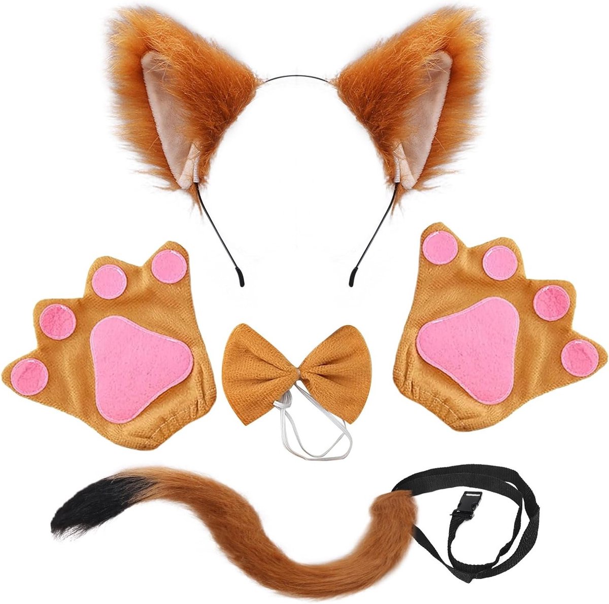 Fox kostuum set voor kinderen en volwassenen met faux fur oren, lange staart, klauwen en vlinderstrik voor Halloween, carnaval en cosplay feestjes