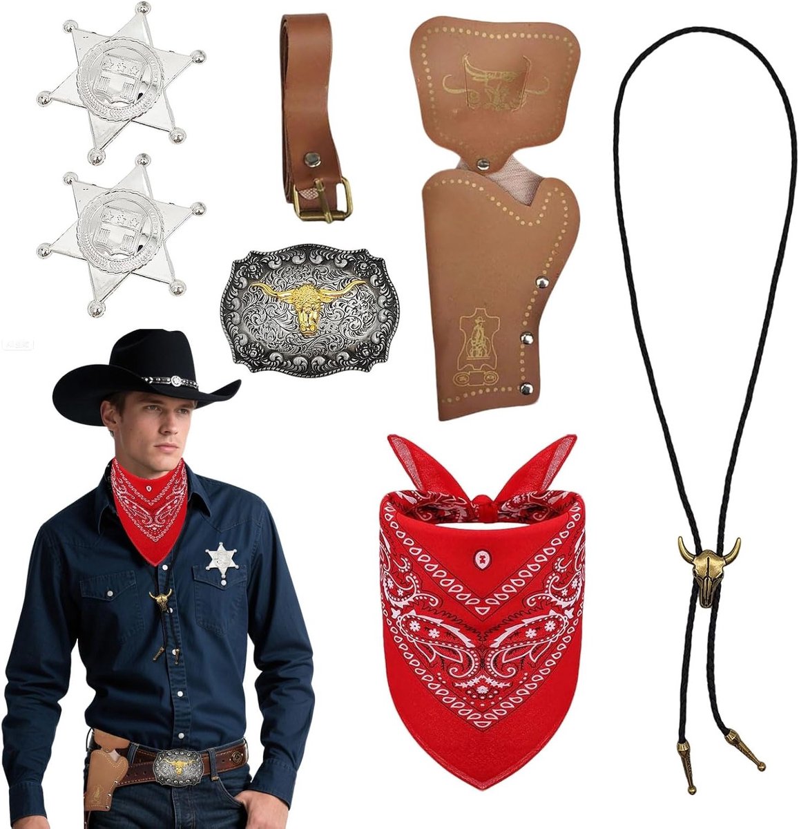 Cowboy Fancy Dress Accessoire Set voor Mannen met Bandana, Holster, Sheriff Badge en Kostuumaccessoires voor Carnaval en Cosplay