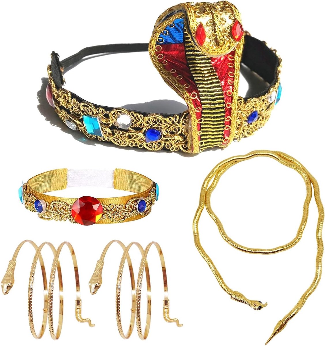 Set van 5 Egyptische Kostuumaccessoires voor Vrouwen - Farao Hoofdband, Sieraden en Slangarmband voor Halloween en Carnaval