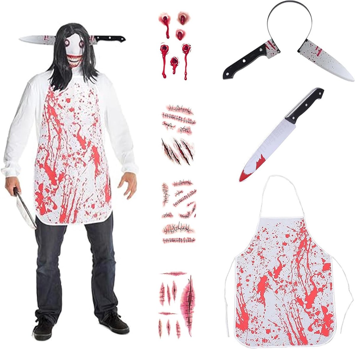 Halloween Kostuumset met Bloedige Schort, Haarband en 4 Tatoeages voor Vampier en Zombie Feestjes