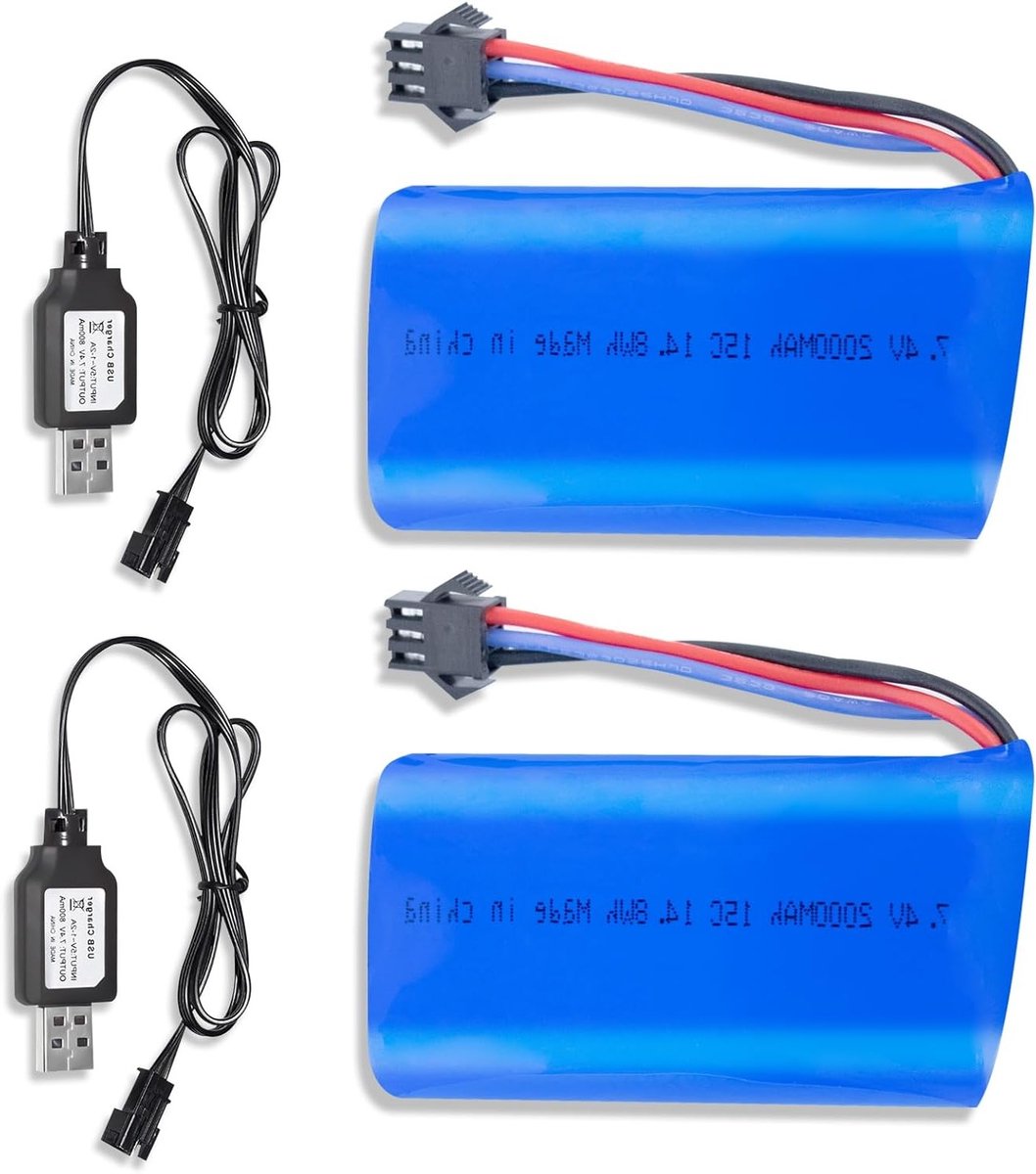 Krachtige 7.4V 2000mAh Li-Ion 2S batterij met SM-3P aansluiting en 2 USB opladers voor RC auto’s, trucks en boten