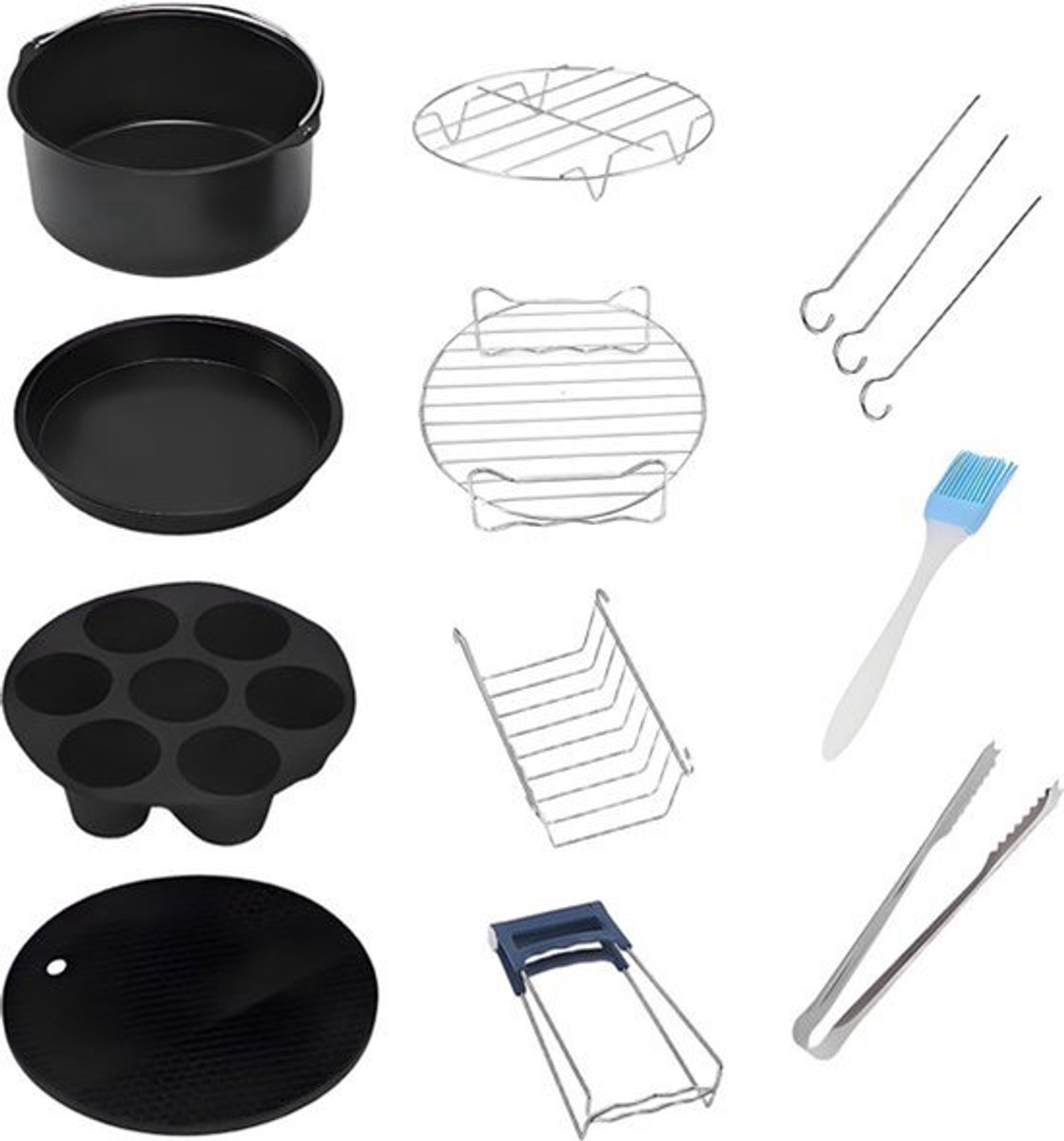 13-Delige Airfryer Accessoires Set - 16cm Bakvorm, Borstel, Clamp, Grillpannen