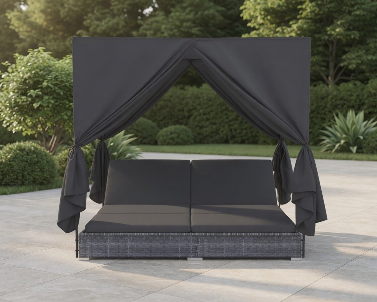 Luxe Polyrotan Lounge Eiland met Gordijnen & Zonnedak – 2 Persoons Outdoor Loungebed – Verstelbaar Tuinbed / Zonnebed / Daybed voor Tuin, Terras & Balkon – Grijs IndustroHome