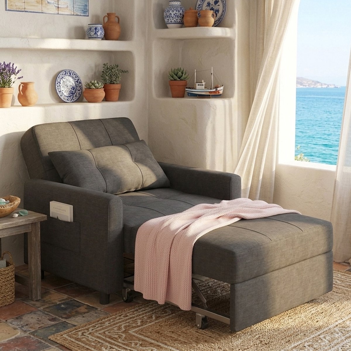 Bealife AR22 Slaapbank 1 Persoons- 3-In-1 Bank met Slaapfunctie - Verstelbare Bedbank - Sofa met Armleuningen voor Woonkamer Slaapkamer Logeerkamer - 191x68x44cm-Donkergrijs