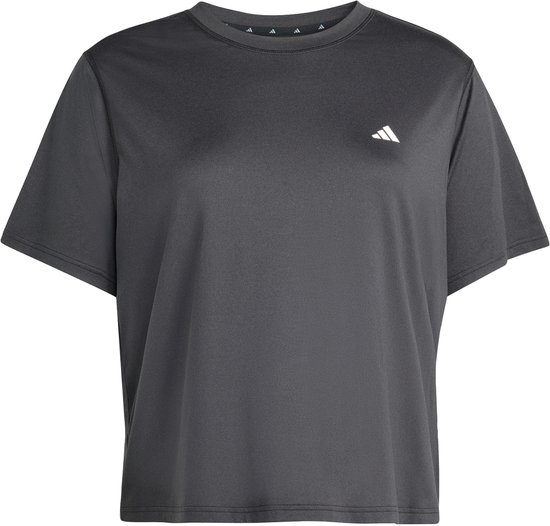 Donkergrijs Adidas performance T-shirt met korte mouwen en wit logo, tentoongesteld.