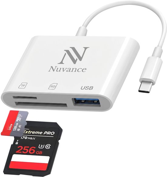 Witte Nuvance 3-in-1 kaartlezer met SD-, Micro-SD- en USB-poorten, met een USB-C-connector. Een SD- en Micro-SD-kaart worden getoond.