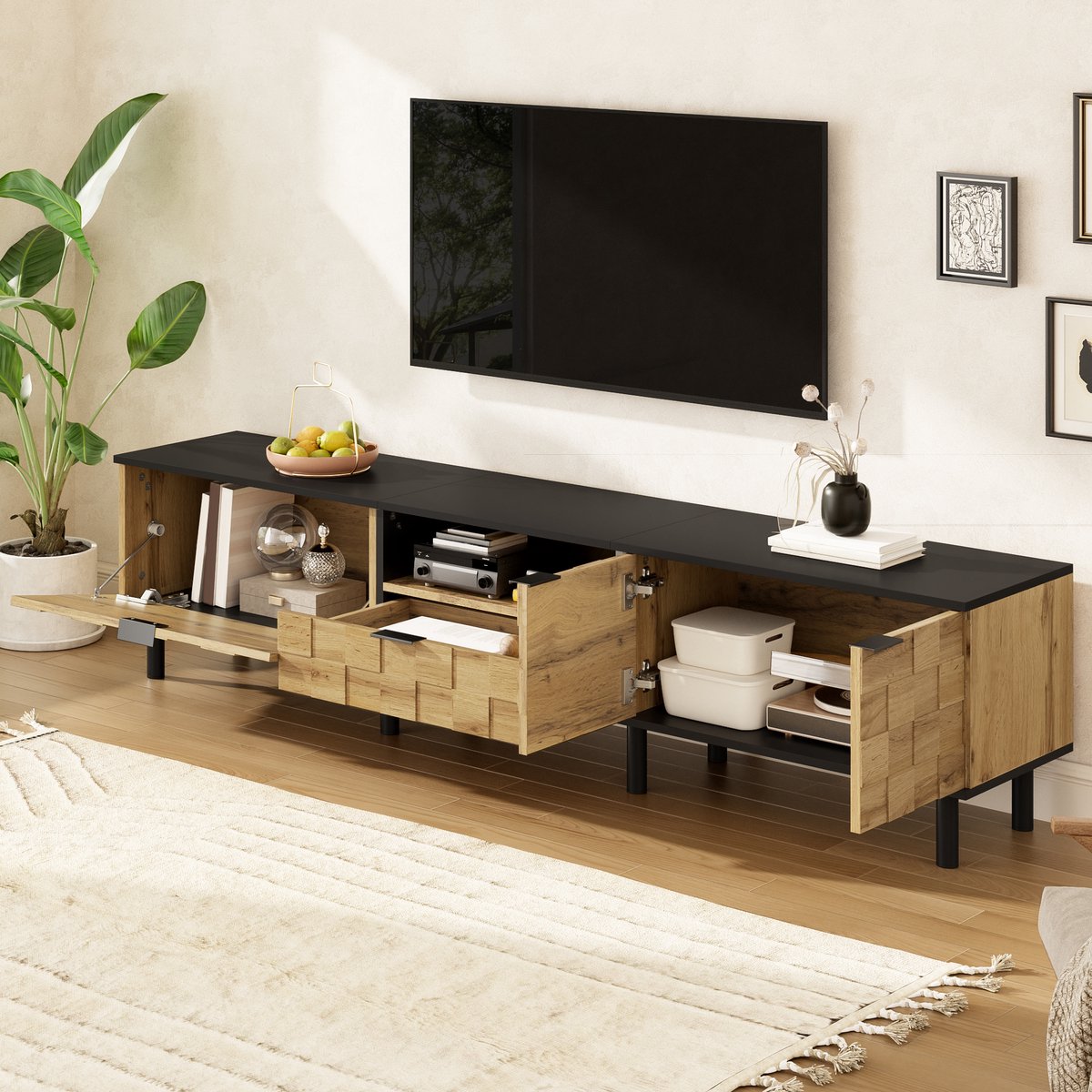 Mozaïek tv-meubel - lage tv-kast - dubbeldeurs met lade - woonkamer mediakast - metalen poten - open vakken - houtkleur