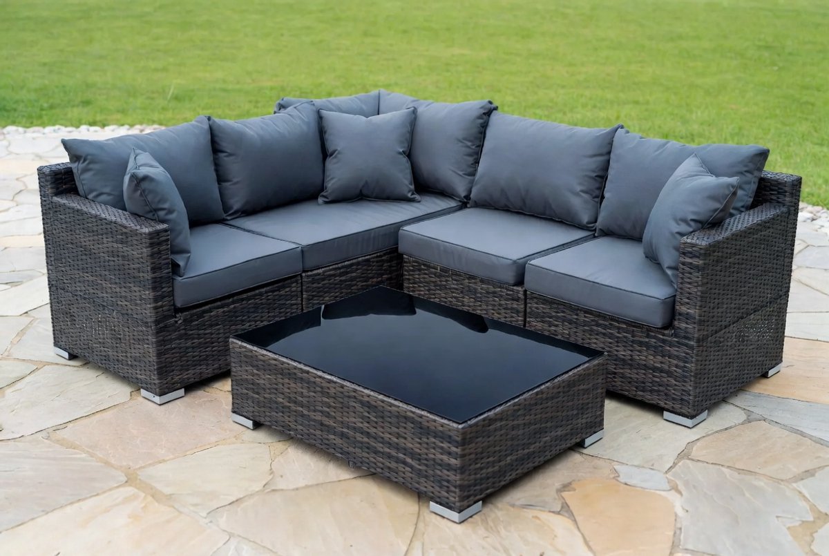 Luxe Modulaire 6-Delige Loungeset Tuinset - Zwart Polyrattan Hoekbank met Opbergbox, Glazen Salontafel, Waterdichte Kussens en Regenhoes - 200x200 cm Moderne Outdoor Lounge Set,Industrohome
