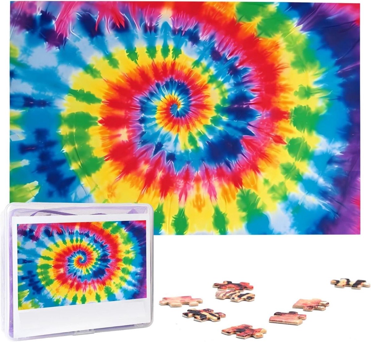 Tie Dye Regenboog Puzzel - Legpuzzel 1000 Stukjes - Ontspanning Thuis - Natuurlijk Houtmateriaal - 75 x 50 cm - Regenboog