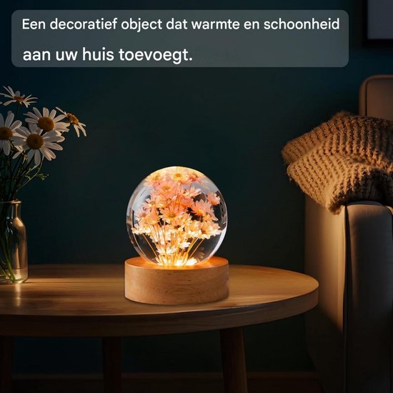 GELLDG Nachtlampje met bloemen en kristallen bol - 6 cm Bol-lamp - Met houten voet - LED-nachtlampje geschikt voor slaap- en woonkamer - Verjaardagscadeau geschikt voor vrouwen - Rode margriet van GelldG — afbeelding 4