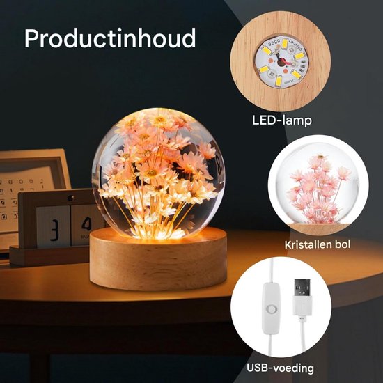 GELLDG Nachtlampje met bloemen en kristallen bol - 6 cm Bol-lamp - Met houten voet - LED-nachtlampje geschikt voor slaap- en woonkamer - Verjaardagscadeau geschikt voor vrouwen - Rode margriet van GelldG — afbeelding 3