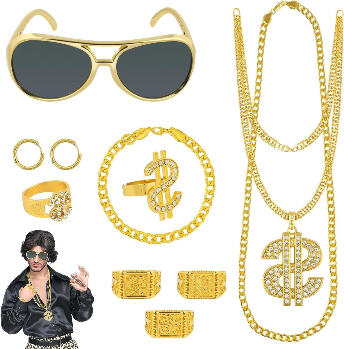 Complete Set van 10 Hip Hop Kostuumaccessoires voor Carnaval en Halloween - 80s 90s Rapper, Kettingen, Zonnebrillen, Dollar Ringen en Meer