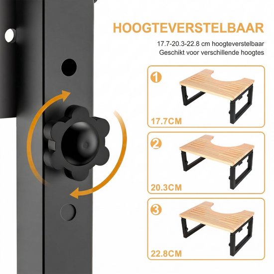 Detail van de draaiknop voor hoogteverstelling van het bamboe toiletkrukje, met drie hoogtes: 17.7cm, 20.3cm, 22.8cm.