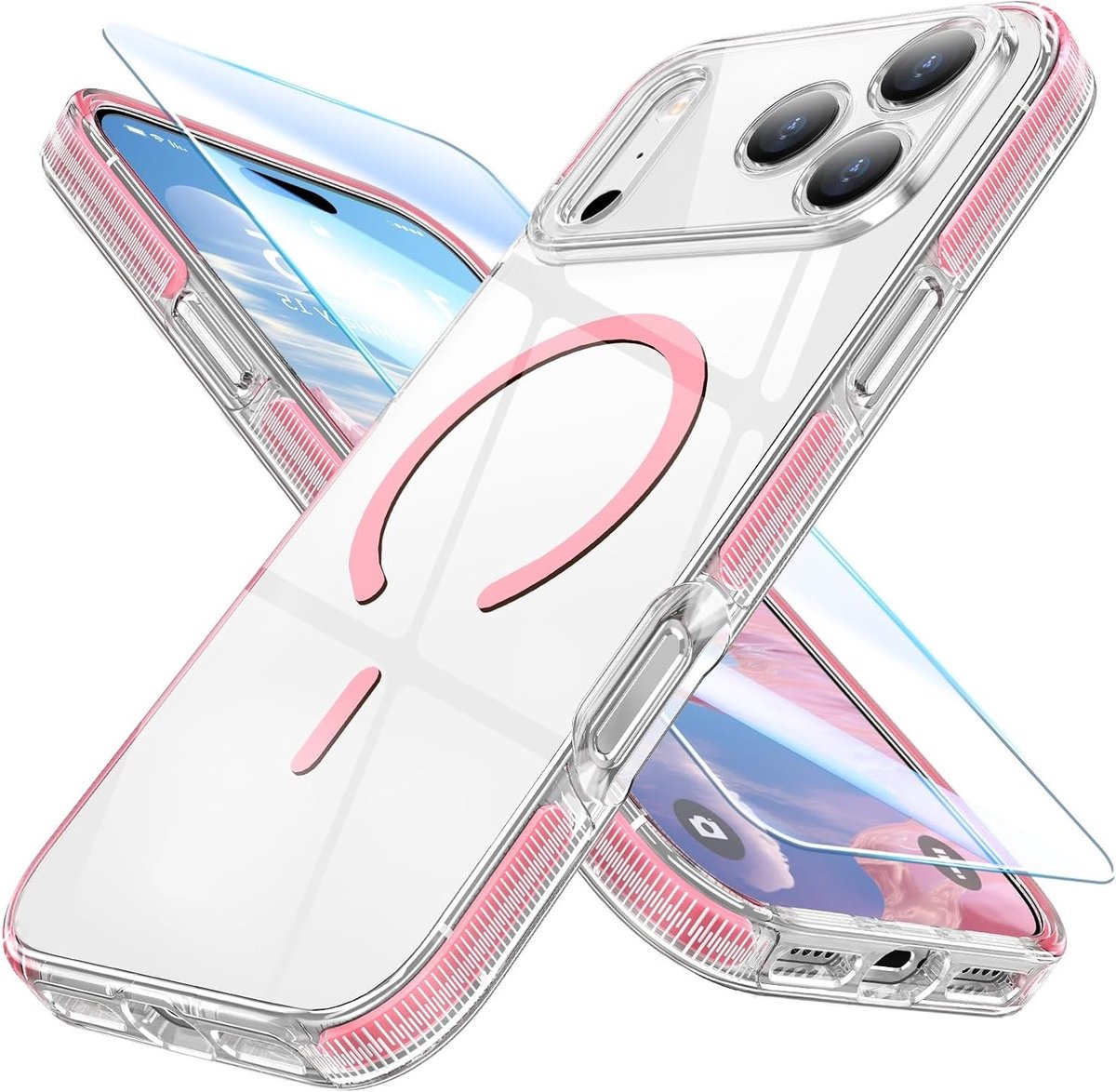 Transparante MagSafe Geschikte Beschermcase voor iPhone 17 Pro - Anti-Geel, Schokbestendig, Tempered Glass in Roze