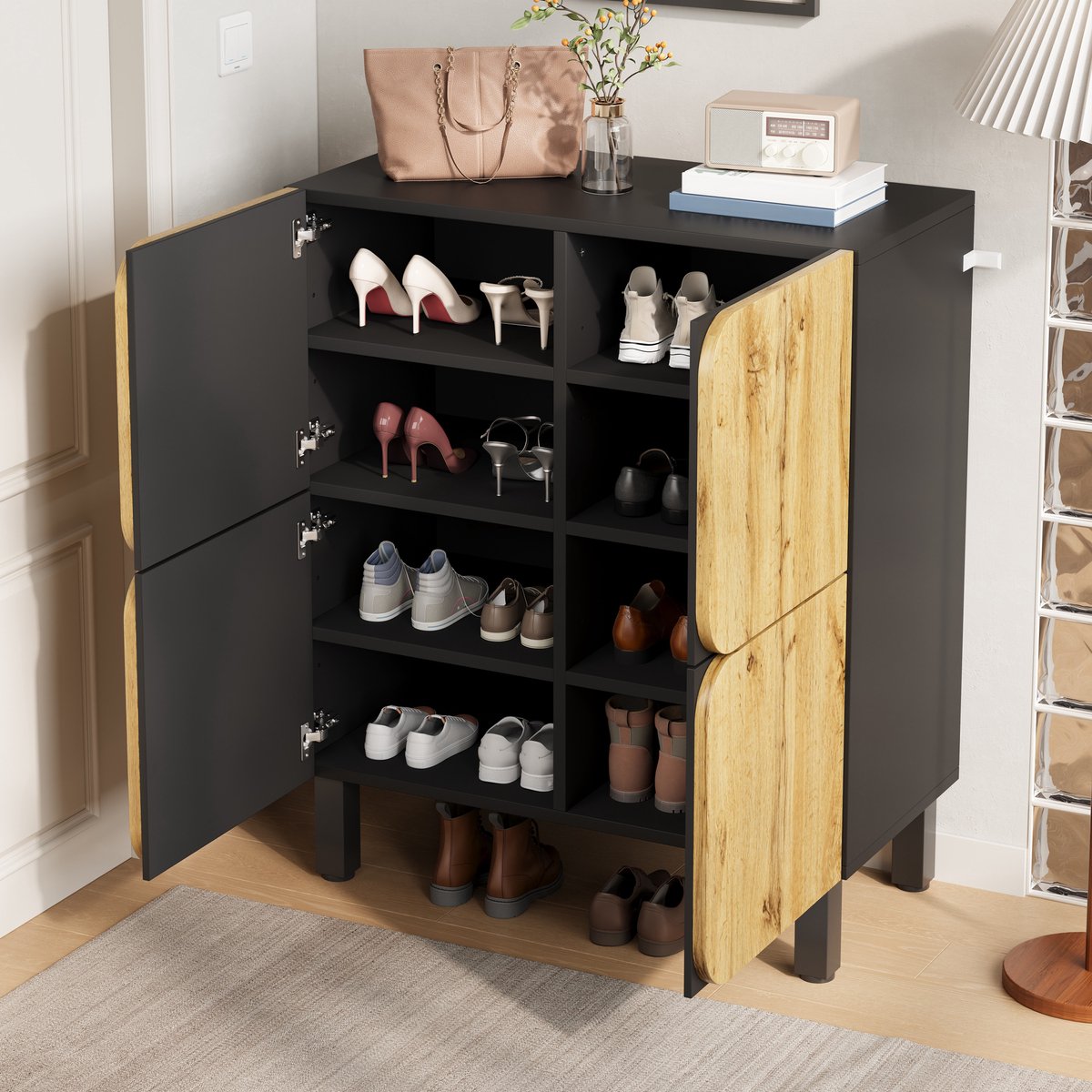 MIVRAY Schoenenkast - Kleurblokdesign Met 4 Deuren En Verstelbare Planken - Voor Hal En Entree - MDF - Zwart Naturel - 80x38,5x95 Cm