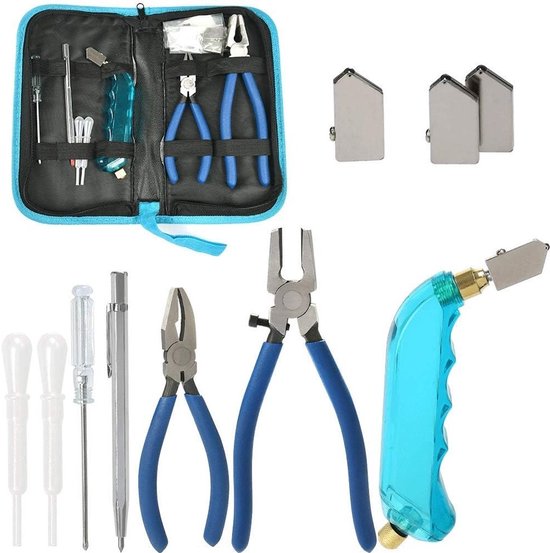 Trousse bleue contenant des outils de coupe-verre : pinces, têtes de coupe, tournevis, stylet et compte-gouttes.