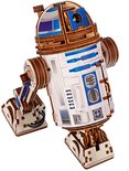 Houten R2-D2 modelbouwkit met blauwe accenten en details.