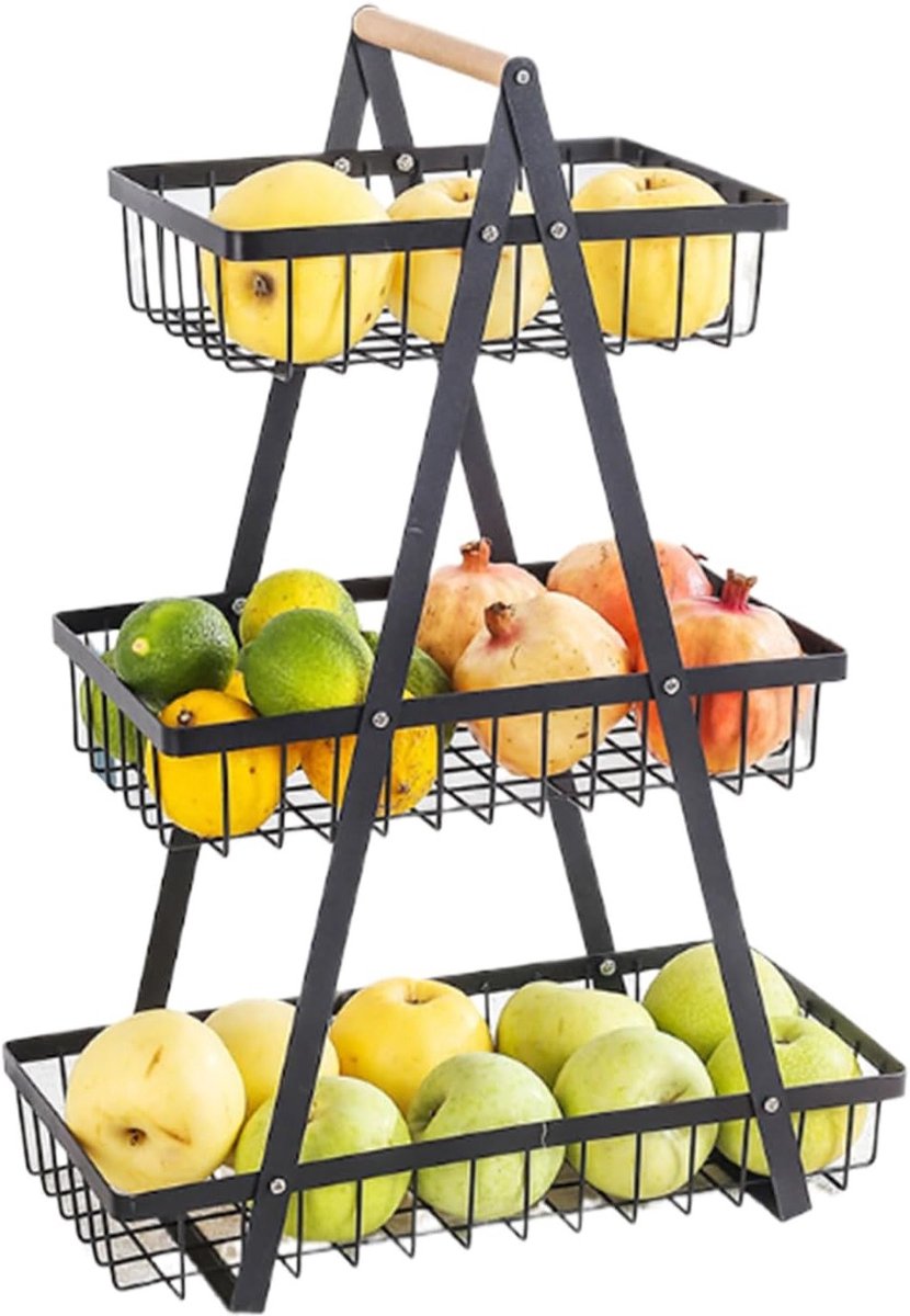 Drie-laags fruit- en groenterek met afneembare mesh manden en houten handvat voor keukenopslag en organisatie van groenten en fruit