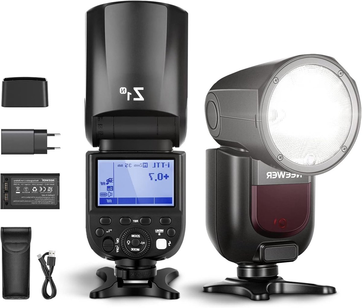 TTL Flitser voor Nikon DSLR Camera's met Ronde Kop, 76Ws Vermogen, 2.4G HSS en 10 Niveaus LED Modelverlichting, 2600mAh Accu en Snelle Recycling