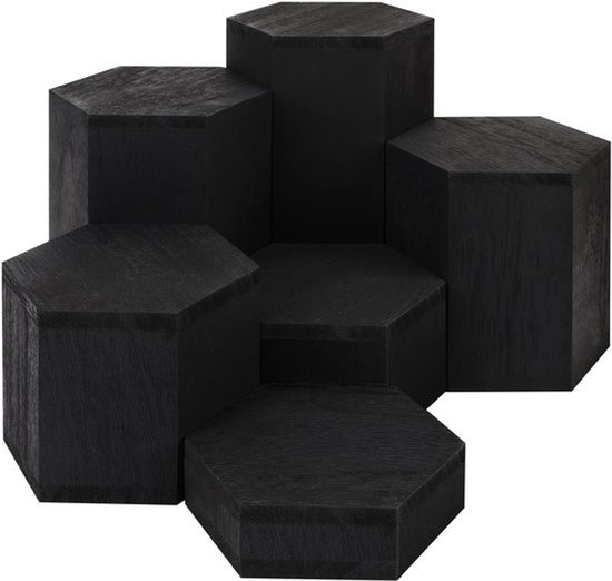 Lot de 6 socles hexagonaux en bois noir pour étagères et comptoirs, idéal pour les bijoux, miniatures, cupcakes et desserts avec un look élégant