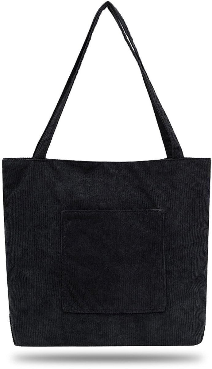 By shayne - Corduroy Tote Bag - Handtas met Rits - Ruim en Lichtgewicht - Zwart - Shopping Bag - Geschikt voor School en Werk