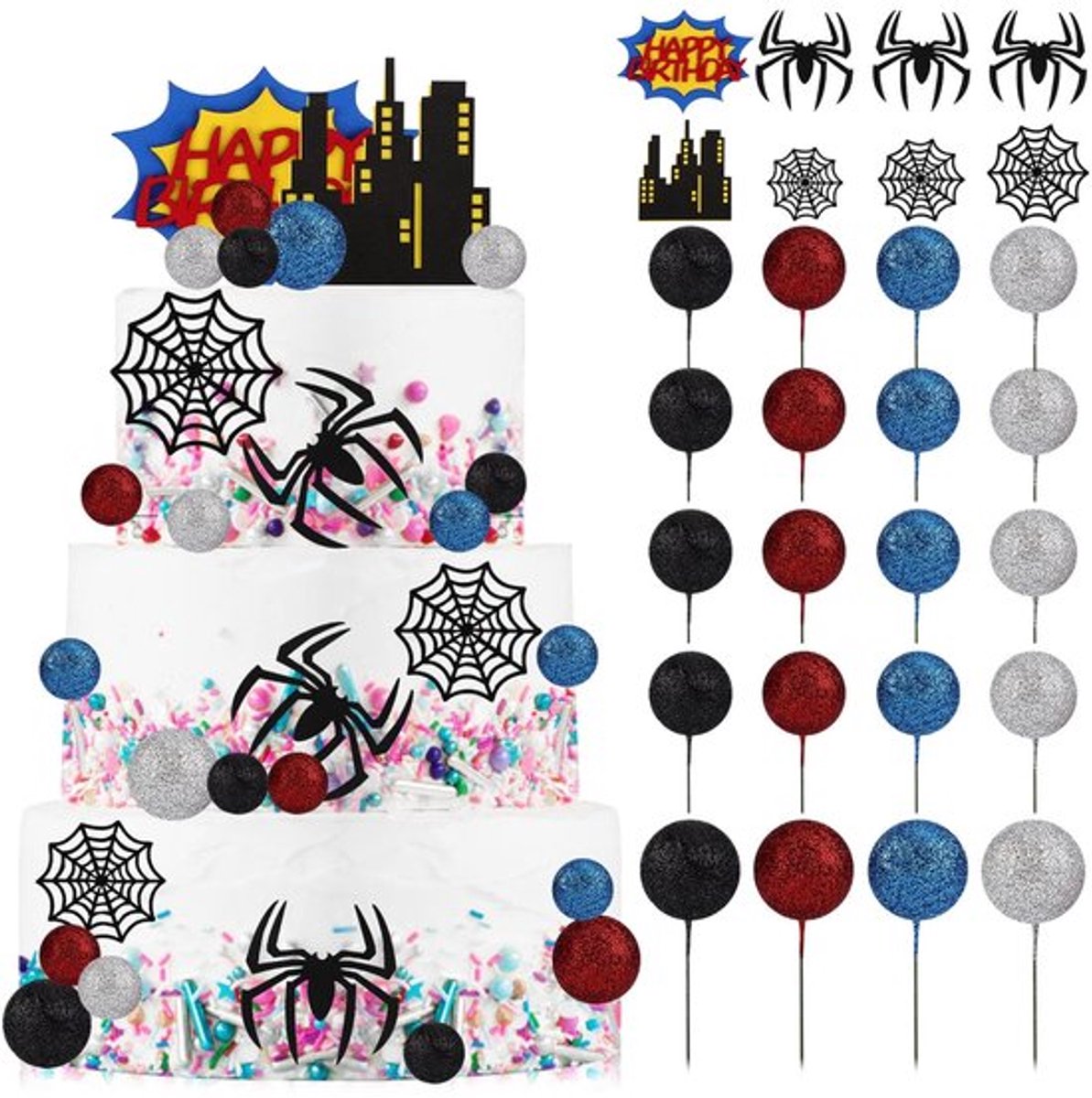 28-dlg. Cake Decoraties - Zwarte Spin en Spinnenweb voor Verjaardagsfeest