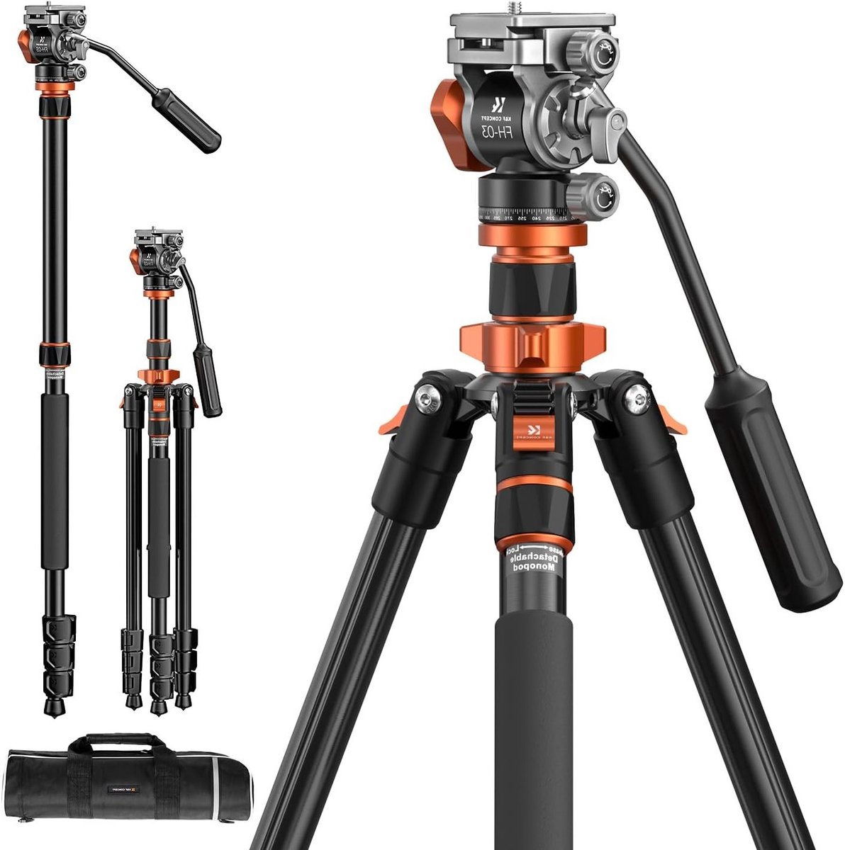 Professionele Camera Tripod 200cm met Fluid Head voor Video, Pan en Tilt, Inclusief Monopod en Arca Swiss Compatibiliteit voor DSLR's tot 5kg Belastbaarheid