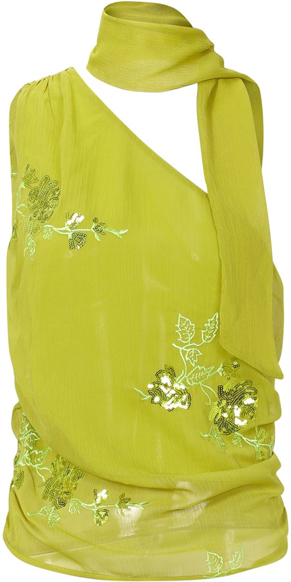 Luchtige Zomertop met Knoopbaar Sjaal-Detail – Mouwloos Dames T-shirt met Sierlijk Borduursel – Elegante Top met Broderie Anglaise en Ruches - Groen - S