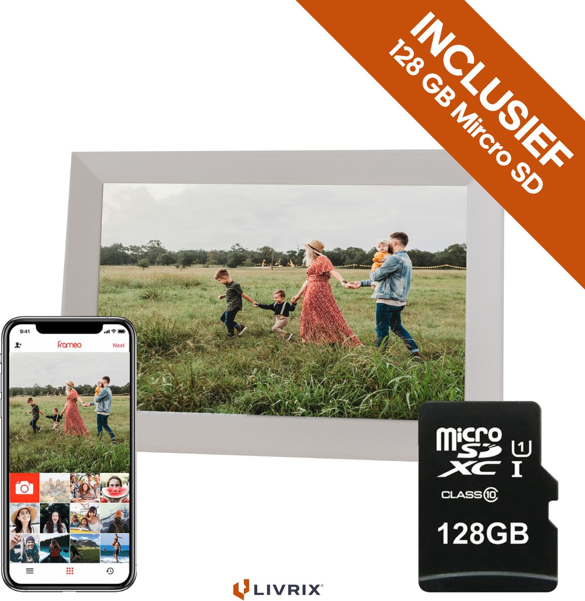 Digitale Fotolijst met WIFI en Frameo App - Inclusief 128GB SD Kaart - 10.1 inch - HD+ -IPS Display - Wit - 3 Dimfuncties - Horizontaal & Verticaal