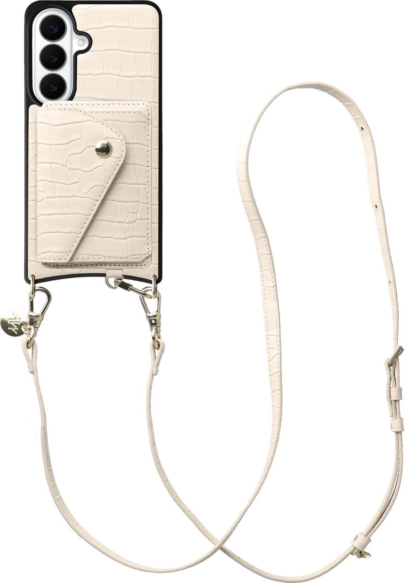 AVY Leren Hoesje geschikt voor Samsung Galaxy S26 Plus | Met Koord en Kaarthouder | Compatibel met MagSafe | Leather Case met Crossbody Koord & Wallet | Long Leather | Croco Beige