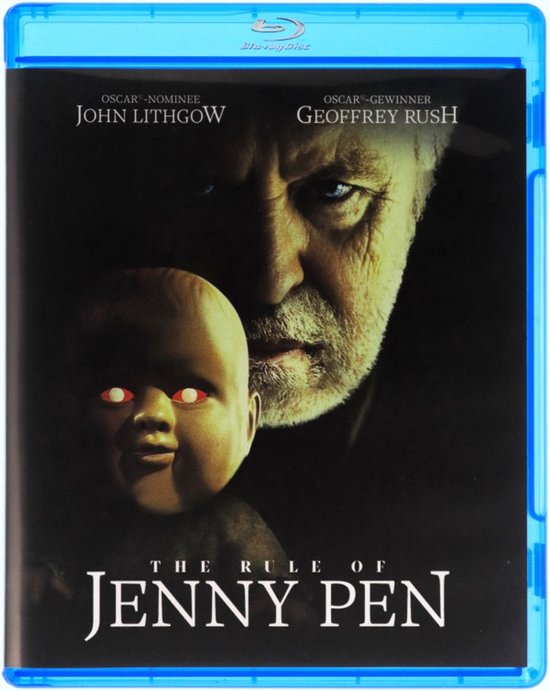 Blu-ray hoes met een oude man met baard en blauwe ogen naast een pop met rode gloeiende ogen. Titel: The Rule of Jenny Pen.