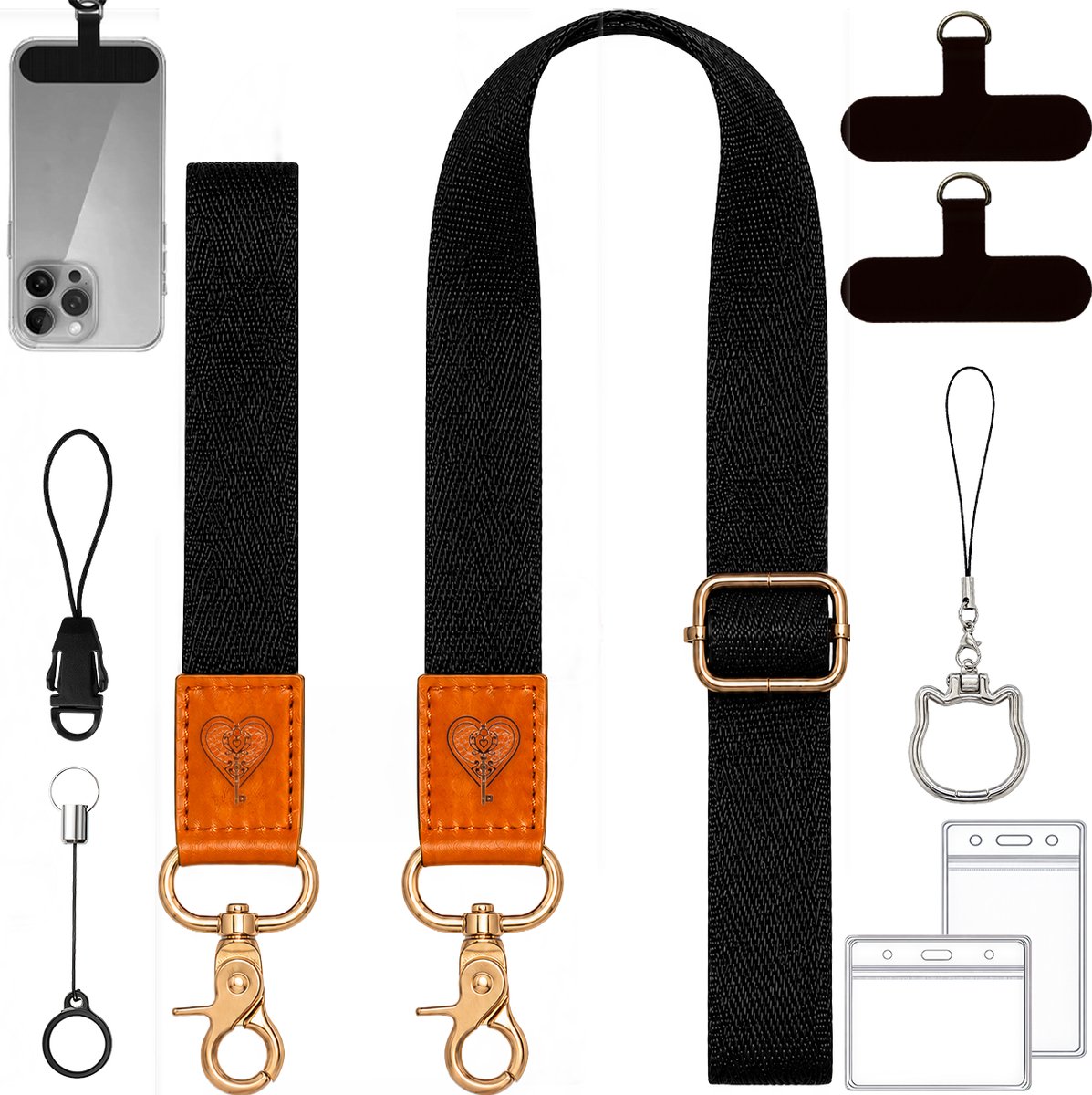 Universeel Telefoonkoord Set met 4 Bevestigingsplaatjes, GSM Ring, Badgehouder & Uittrekbare Sleutelhanger - Lanyard Keycord Strap - Sleutelkoord Telefoonketting - Telefoon Koord - Keykoord Pashouder - Phone Ketting/Cord - Nekkoord Zwart