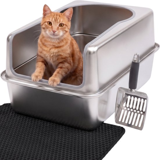 Kattenbak RVS XXL – Gemakkelijk schoon te maken – Geurvrij, Lekvrij en Vlekvrij – 38L Inhoud – Roestvrijstalen Kattentoilet met hoge rand – Grote Kattenbak met Schep & Gritopvangmat – 60,5 × 40,5 × 29 cm