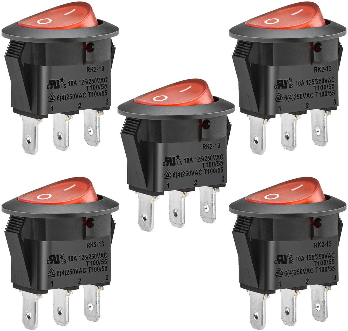 Vlemico - Rode Rockerschakelaar - On/Off - 10A 250V - Geschikt voor Paneelmontage - Schakelaar - Set van 5