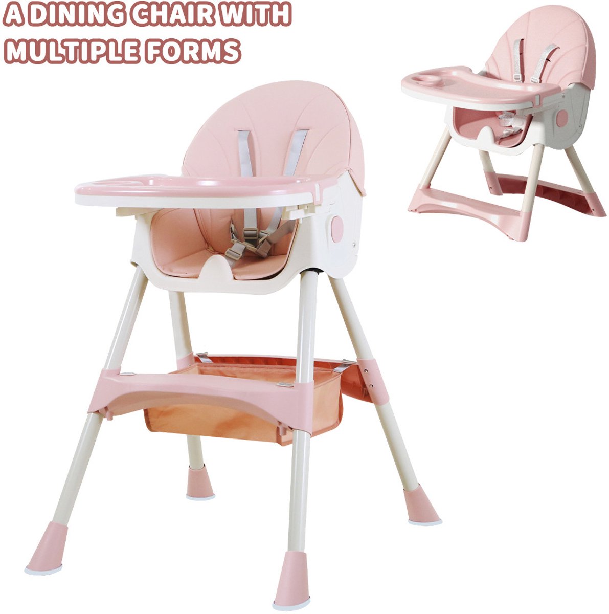 Inklapbare Kinderstoel 2-in-1 - Verstelbare Baby Eetstoel & Booster Seat - Met Eetblad - Lichtgewicht en Opvouwbaar - Roze