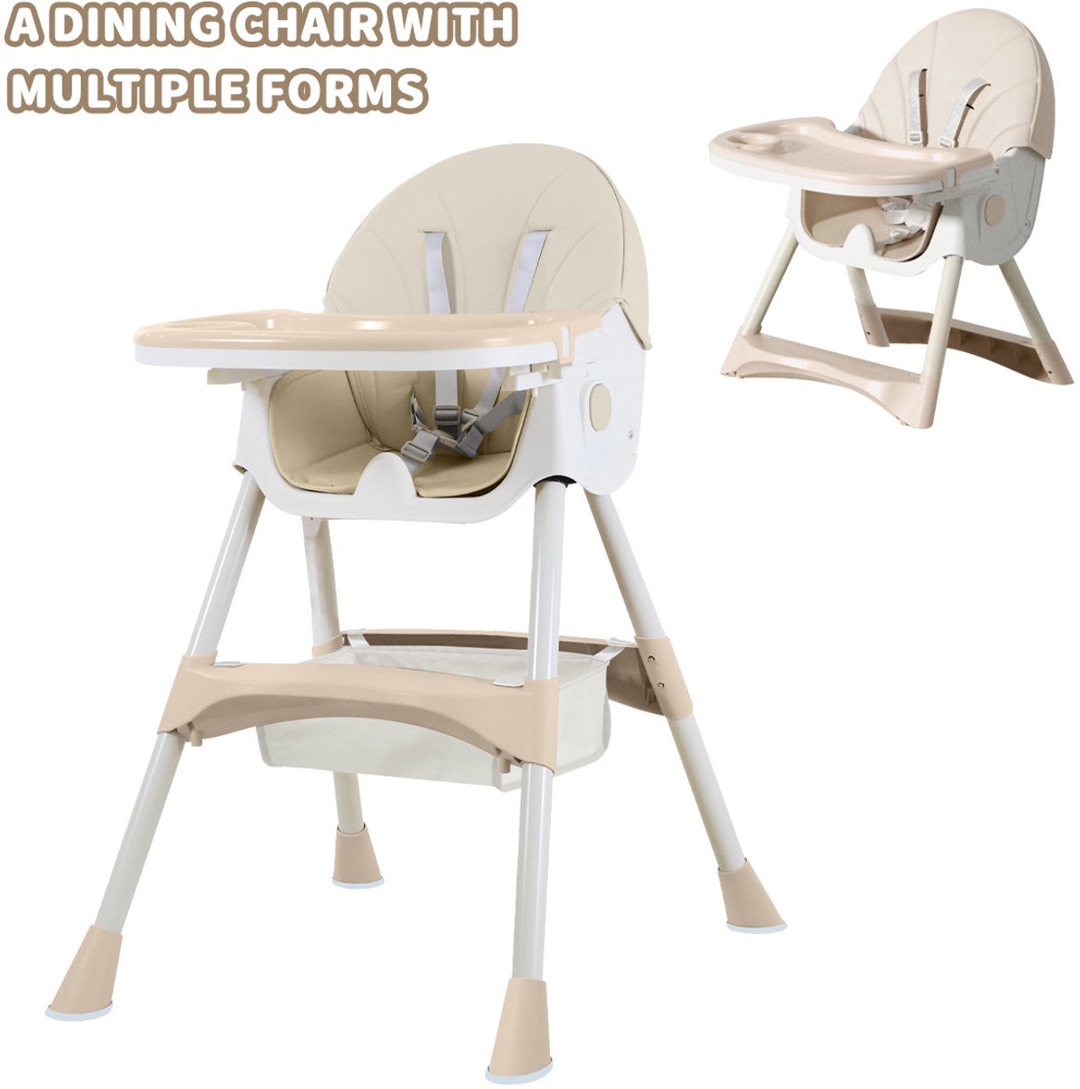 Inklapbare Kinderstoel 2-in-1 - Verstelbare Baby Eetstoel & Booster Seat - Met Eetblad - Lichtgewicht en Opvouwbaar - Beige
