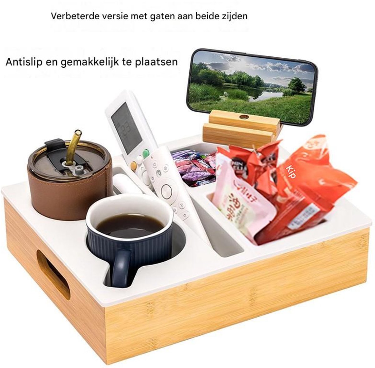 Couchbar - Snackbox - 2 Roestvrijstalen Snackschalen En 2 Universel Drankhouders Voor Wijnglazen - 1 Stuk - Wit