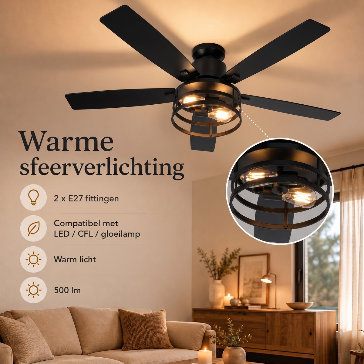 Rosnek Plafondventilator met Verlichting Ø112cm - Smart Lamp met Afstandsbediening - Plafonniere Keuken Lamp met 6 Ventilatiesnelheden - Plafond Ventilator Lamp met Timer, Landelijke Stijl voor Slaapkamer, Woonkamer & Terras thumbnail 5