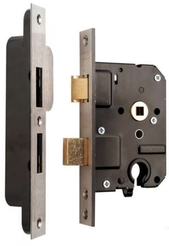 Een massief metalen deurslot met een zwarte behuizing en messing pallen, samen met een bijpassende sluitplaat.