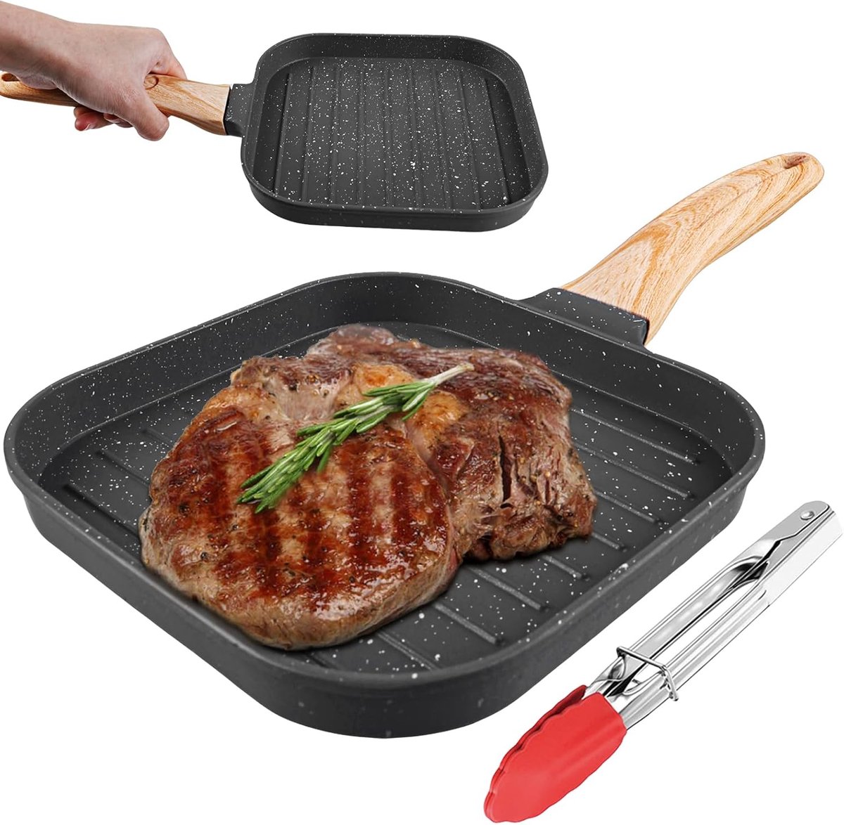 Grillpan - Steakpan - Eten Bereiden - Afneembare Handgreep - 18 x 18 cm - Zwart