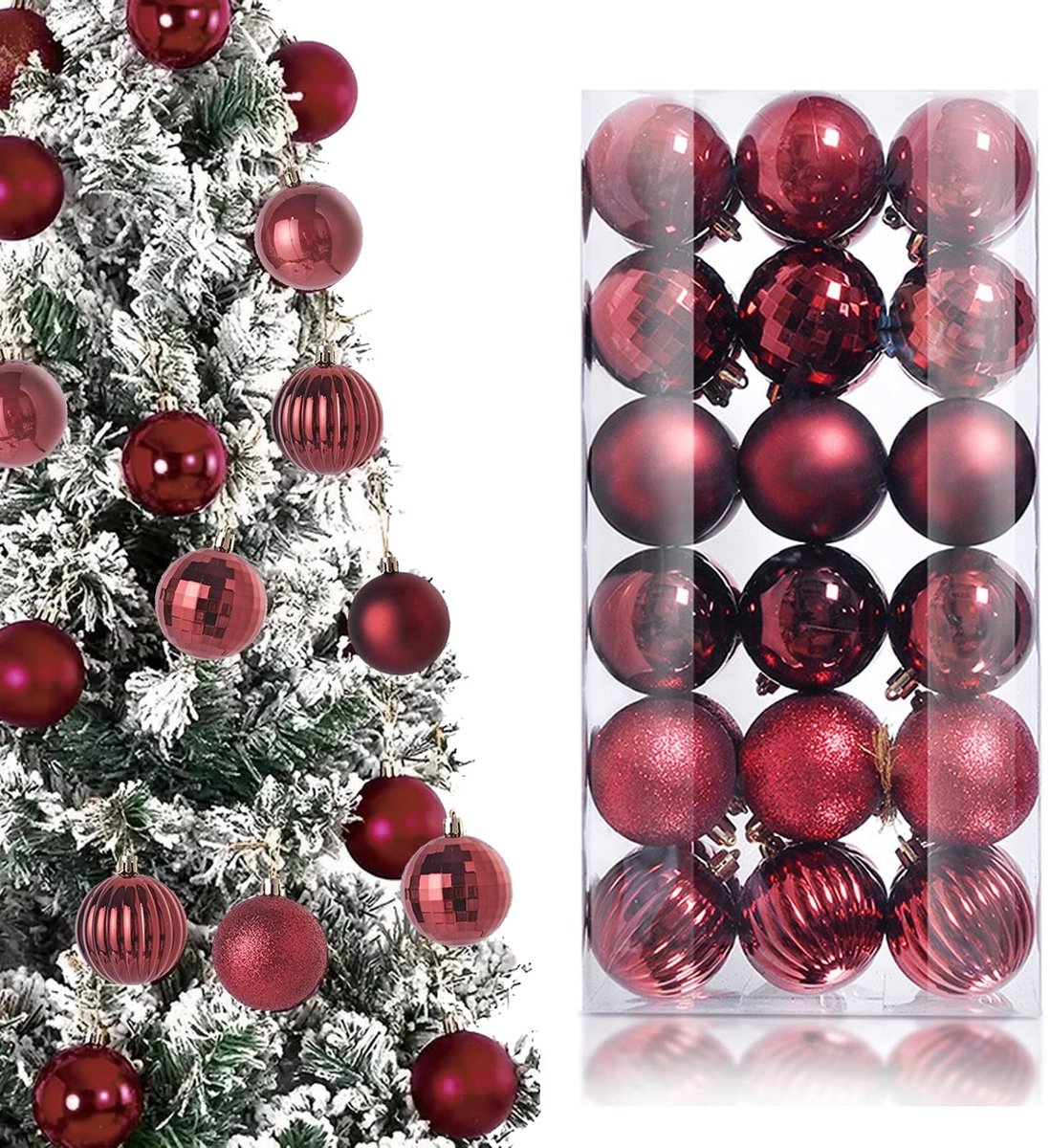 Dailygoods- Kerstballen 36 Stuks - 3 cm Kerstboomdecoraties - Hangende Ballen met Koord - Onbreekbaar Plastic - Bourgondijn Kleur - Feestelijke Sfeer - Kerstversiering